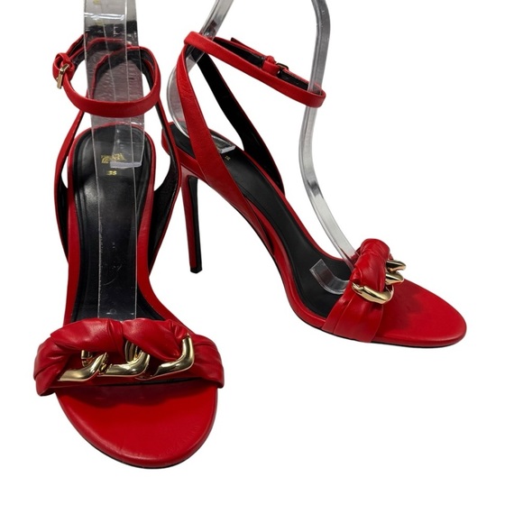 Zara red leather ankle strap gold chain link heels size 38 blogger favorite - Picture 1 of 8